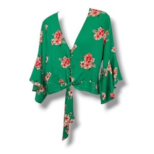Green Floral Tie-Front Women's Blouse